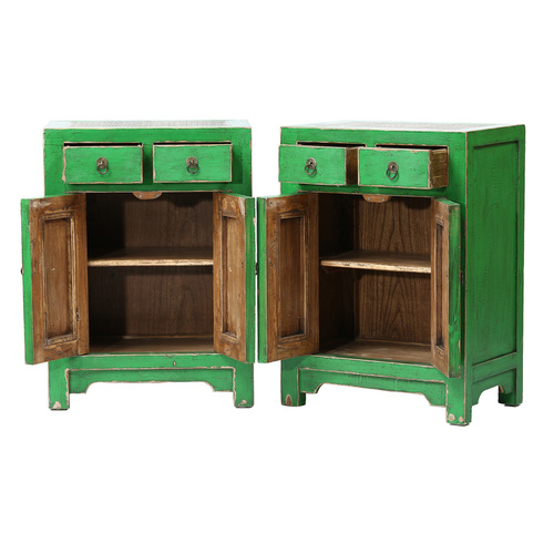 Pair of cabinets green 2 drawers 2 doors DT047