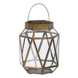 FAROL PORTAVELAS ORO VIEJO CRISTAL-METAL 17 X 17 X 22 CM