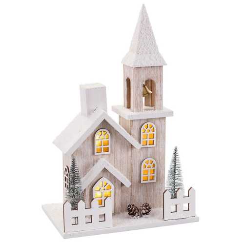 IGLESIA NEVADA CON LUZ MADERA 23 X 15 X 36 CM