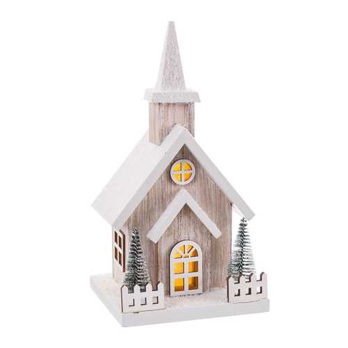 IGLESIA NEVADA CON LUZ MADERA 14 X 13 X 26 CM