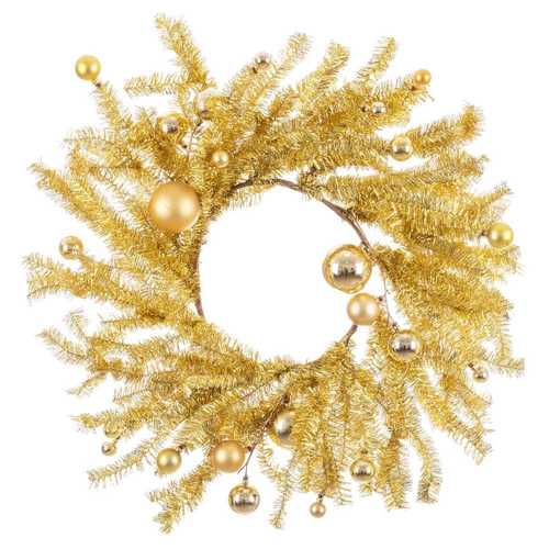 CORONA ESPUMILLÓN CON BOLAS PLÁSTICO ORO 50 X 10 X 50 CM