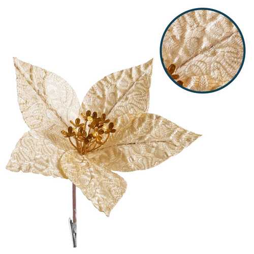 PICK POINSETTIA CON CLIP POLIESTER ORO 24 X 24 X 10 CM