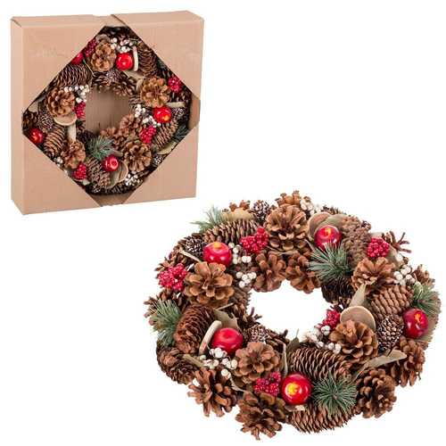 CORONA PIÑAS, HOJAS Y MANZANAS NATURAL 36 X 9 X 36 CM