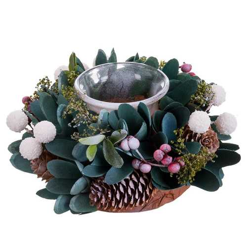 CENTRO 1 PORTAVELAS FOLLAJE Y ACEBO 16 X 16 X 8 CM