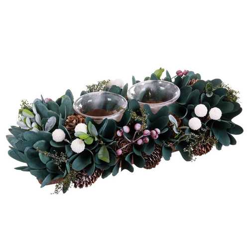 CENTRO 2 PORTAVELAS FOLLAJE Y ACEBO 30 X 15 X 9 CM