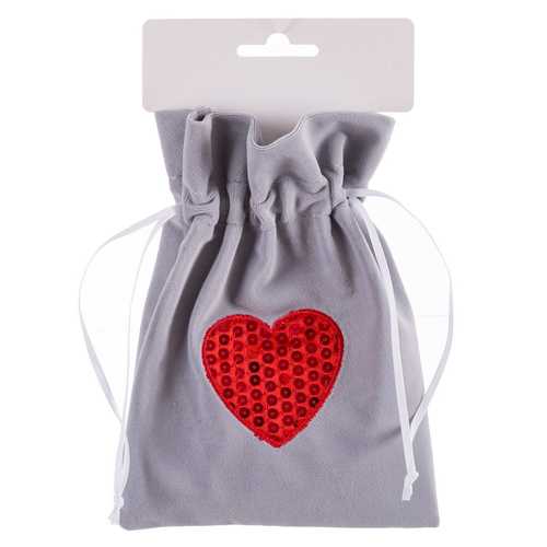 BOLSA CORAZÓN POLIESTER GRIS 15 X 20 CM