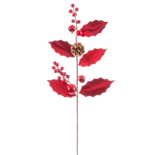 RAMA HOJAS ROJO PIÑA ACEBO 65 CM