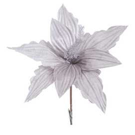 POINSETTIA CON CLIP POLIESTER PLATA-GRIS 28 X 28 CM