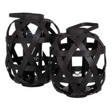 FAROL PORTAVELAS NEGRO BAMBÚ DECORACIÓN 29 X 29 X 37 CM