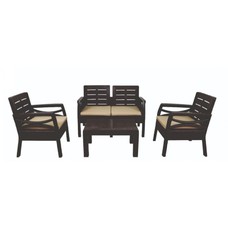 Pack FIONA, 2 sillones, 1 sofá de 2 plazas y mesa baja, polipropileno marrón, cojín beige Pack FIONA, 2 sillones, 1 sofá de 2 plazas y mesa baja, polipropileno marrón, cojín beige