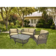 Set MARBELLA, 2 Sillones + Sofá 2 plazas + mesa, aluminio, ratán chocolate, cojines incluidos Set MARBELLA, 2 Sillones + Sofá 2 plazas + mesa, aluminio, ratán chocolate, cojines incluidos