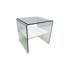 Mesa CORIN, cristal curvado, estante blanco 50x45 cms