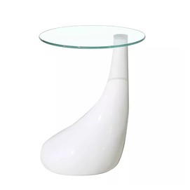 Mesa PEAR, baja, blanca, cristal, 50 cms de diámetro