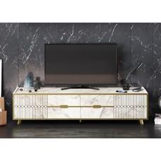 Mueble de TV ELOISE, biIaminado mármol blanco con detalles dorados, 180 cms. Mueble de TV ELOISE, biIaminado mármol blanco con detalles dorados, 180 cms.