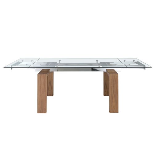 Rectangular tempered glass and walnut extending dining table
