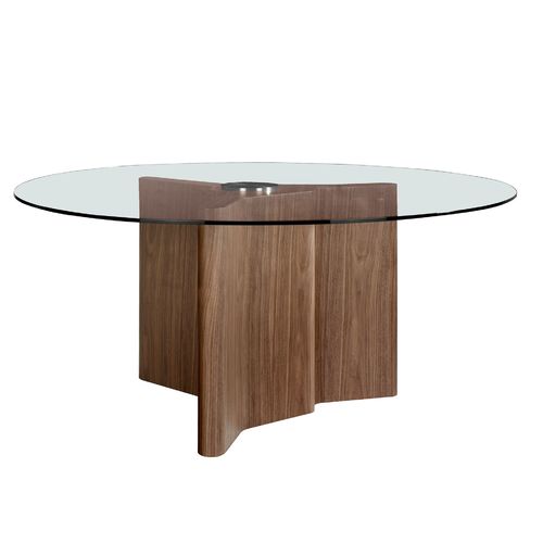 Mesa comedor redonda cristal templado y nogal