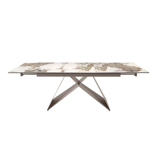 Rectangular extending dining table in porcelain marble and taupe grey steel