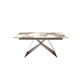 Rectangular extending dining table in porcelain marble and taupe grey steel