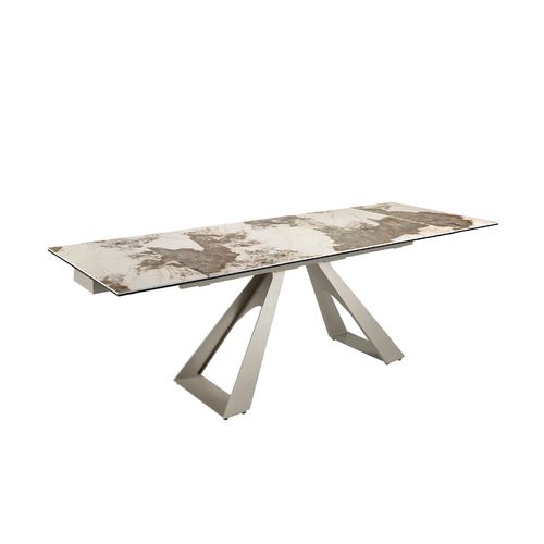 Rectangular extending dining table in porcelain marble and taupe grey steel