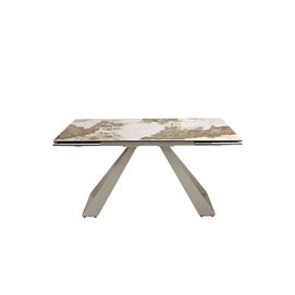 Rectangular extending dining table in porcelain marble and taupe grey steel