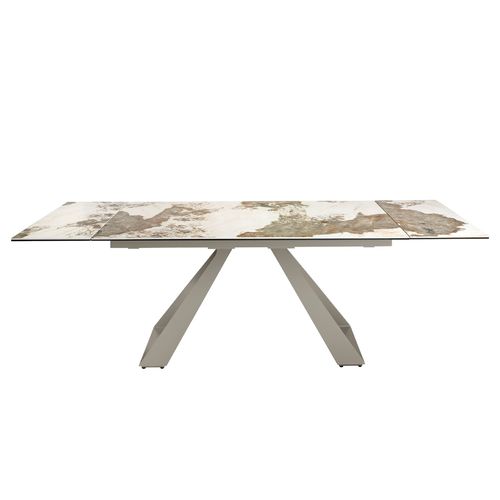 Rectangular extending dining table in porcelain marble and taupe grey steel