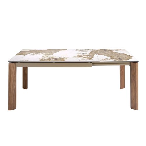 Rectangular porcelain marble and walnut extending dining table