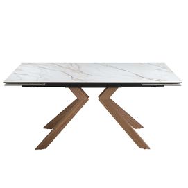 Rectangular extending dining table in porcelain marble and walnut effect steel