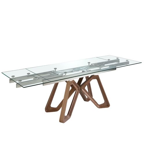Rectangular tempered glass and walnut extending dining table