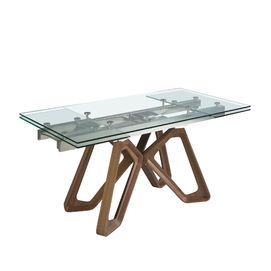 Rectangular tempered glass and walnut extending dining table