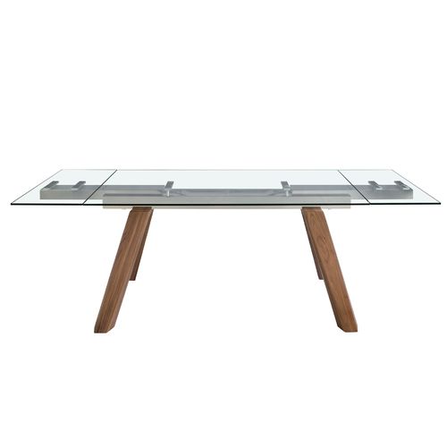 Rectangular tempered glass and walnut extending dining table