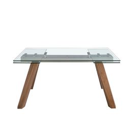 Rectangular tempered glass and walnut extending dining table