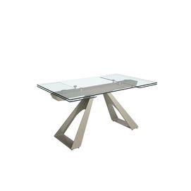 Rectangular extending dining table in tempered glass and taupe grey steel