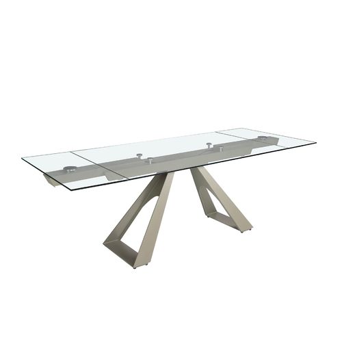 Rectangular extending dining table in tempered glass and taupe grey steel