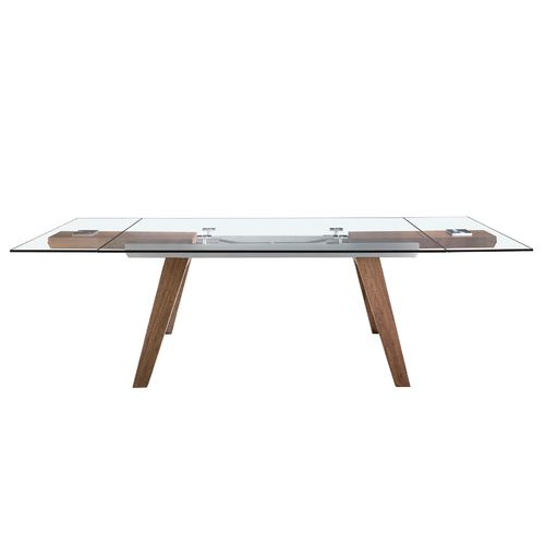 Mesa comedor extensible rectangular cristal templado y nogal