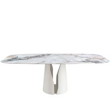 Mesa comedor ovalada barril mármol porcelánico y acero blanco Mesa comedor ovalada barril mármol porcelánico y acero blanco
