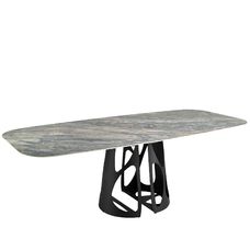 Mesa comedor ovalada barril mármol porcelánico y acero negro Mesa comedor ovalada barril mármol porcelánico y acero negro