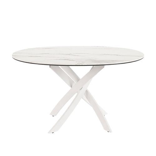 Mesa comedor redonda mármol porcelánico y acero blanco