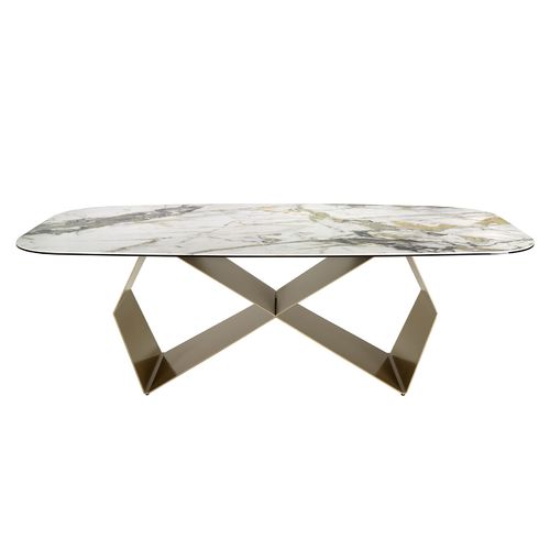 Mesa comedor rectangular mármol porcelánico y acero color champagne