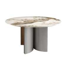 Mesa comedor redonda mármol porcelánico, nogal y madera color plata