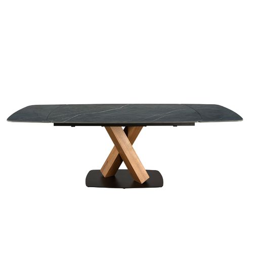 Oval extending dining table with porcelain marble and walnut barrel