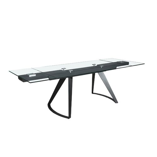 Rectangular extendable dining table in tempered glass and black steel