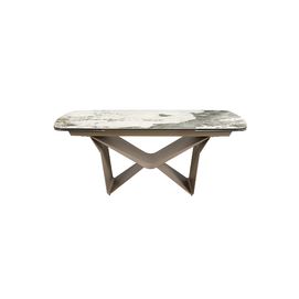 Mesa comedor extensible ovalada barril mármol porcelánico y acero taupé metalizado