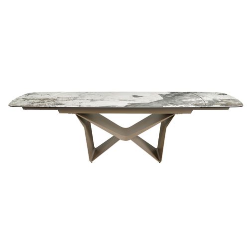 Mesa comedor extensible ovalada barril mármol porcelánico y acero taupé metalizado