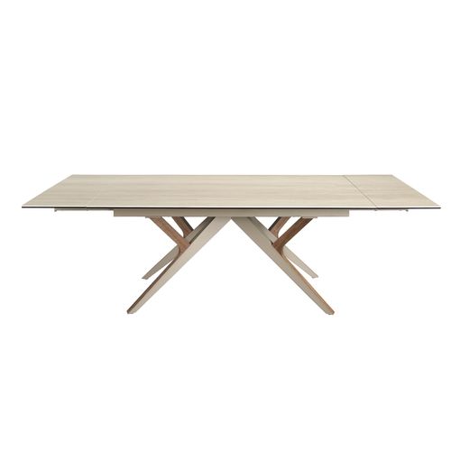 Rectangular extending dining table in porcelain marble, metallic sand steel and walnut