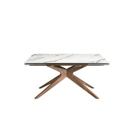 Rectangular extendable dining table in porcelain marble and walnut