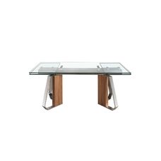 Mesa comedor extensible rectangular cristal templado, nogal y acero cromado Mesa comedor extensible rectangular cristal templado, nogal y acero cromado