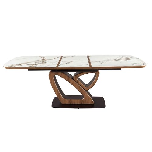 Mesa comedor extensible ovalada barril mármol porcelánico y nogal