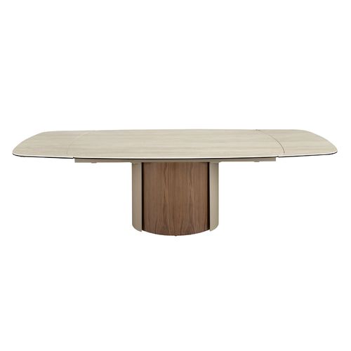 Mesa comedor extensible rectangular mármol porcelánico, acero arena metalizado y nogal