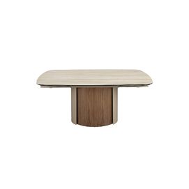 Mesa comedor extensible rectangular mármol porcelánico, acero arena metalizado y nogal