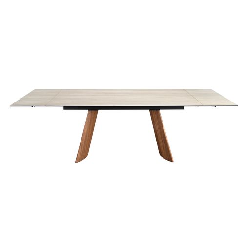 Rectangular extending dining table in porcelain marble and walnut effect steel